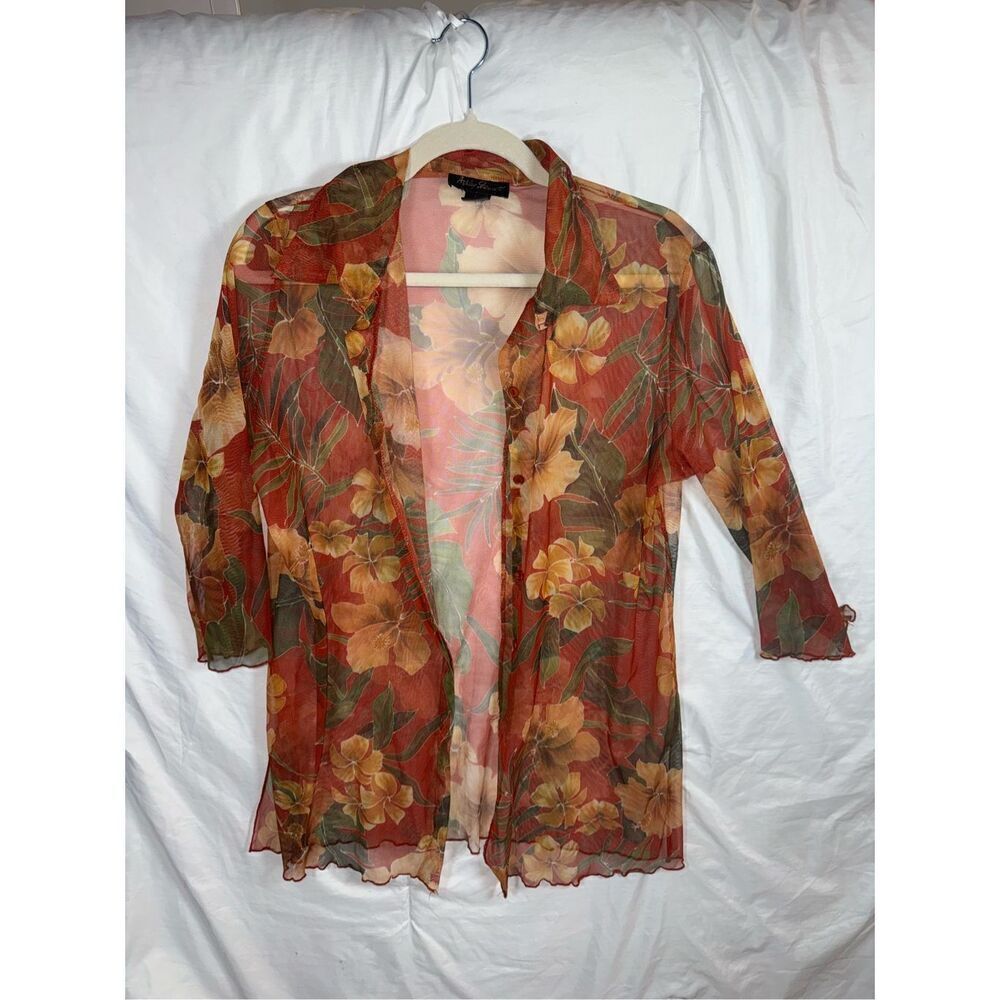 Ashley Stewart Vintage Sheer Hibiscus Tropical Print Button-Up